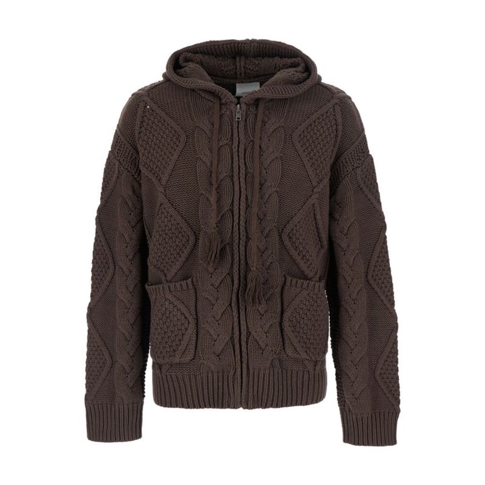 Found Men Brown Hooded Cardigan With All-Over Embroidery In Wool For Men